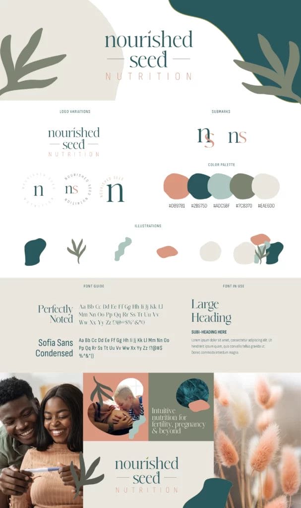 Brand board for "nourished seed NUTRITION"—ideal for a website designer for dietitians—featuring logo variations, color palette, font guide, and botanical-inspired imagery.